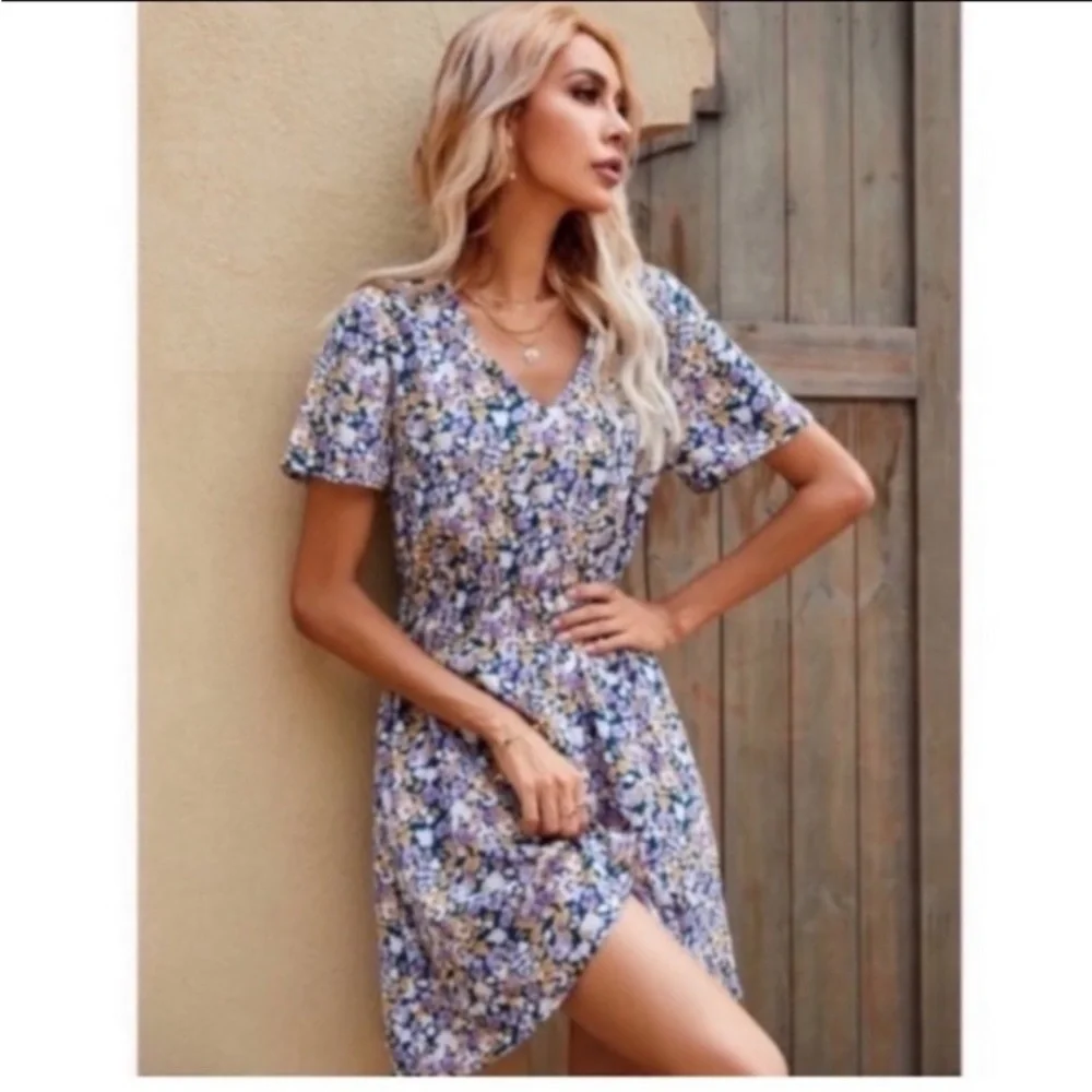 V NECK FLOWER PRINT A LINE DRESS - Picture 3 of 9